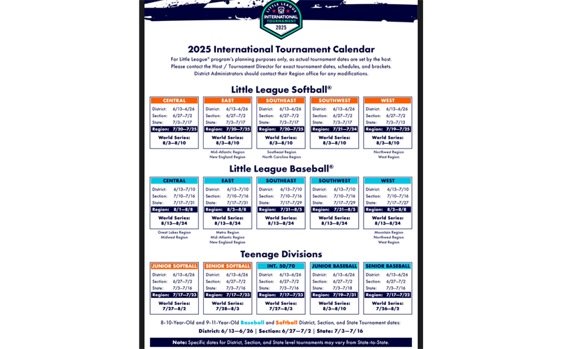2025 Little League Tournament Calendar 