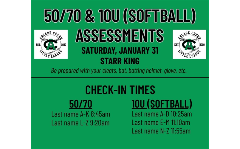 50/70 & 10u Softball Mandatory Assessments